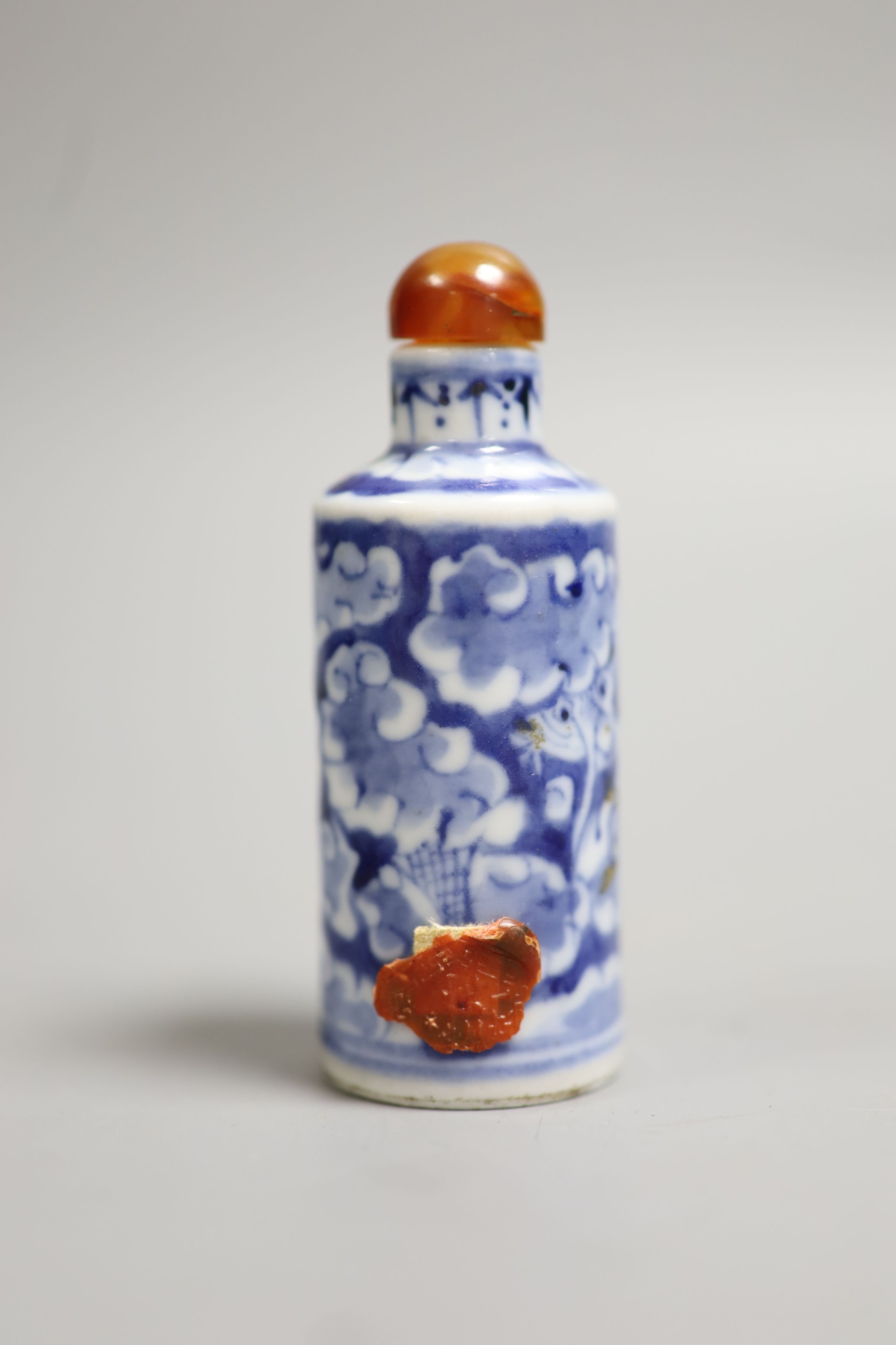 A Chinese blue and white snuff bottle, 9cm high including stopper